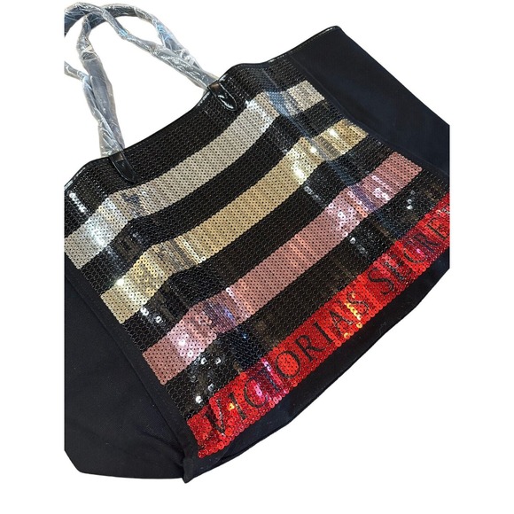 NEW Victorias Secret Large Sequin Tote Bag Black Colorful Stripe Bling Weekender - Picture 3 of 11